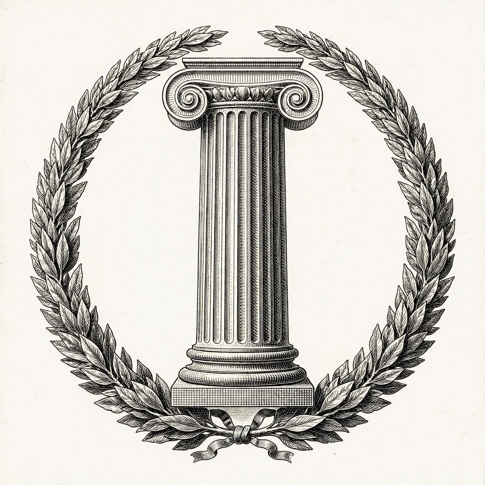 Engraved emblem of an Ionic column in a laurel wreath