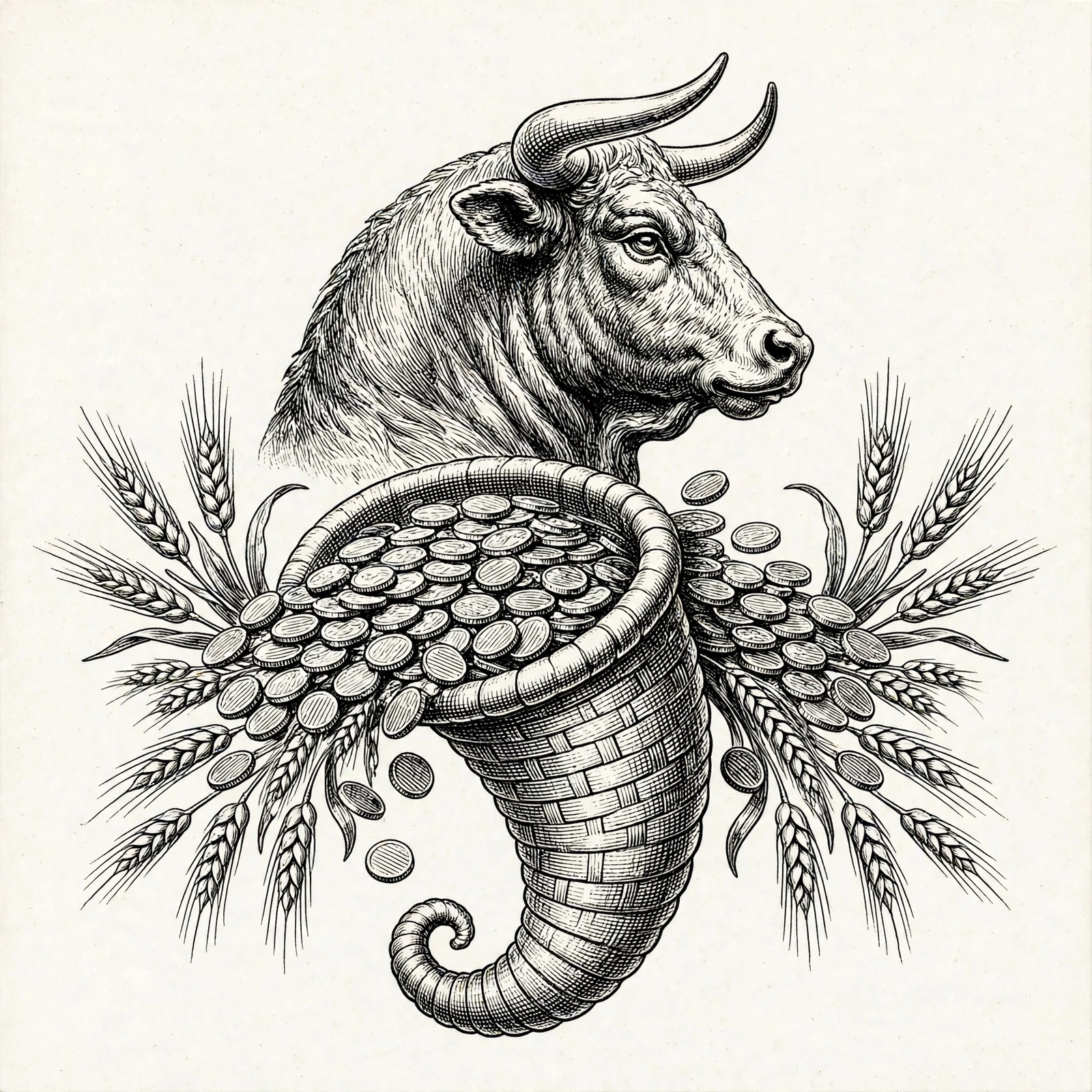 Bull and cornucopia engraving